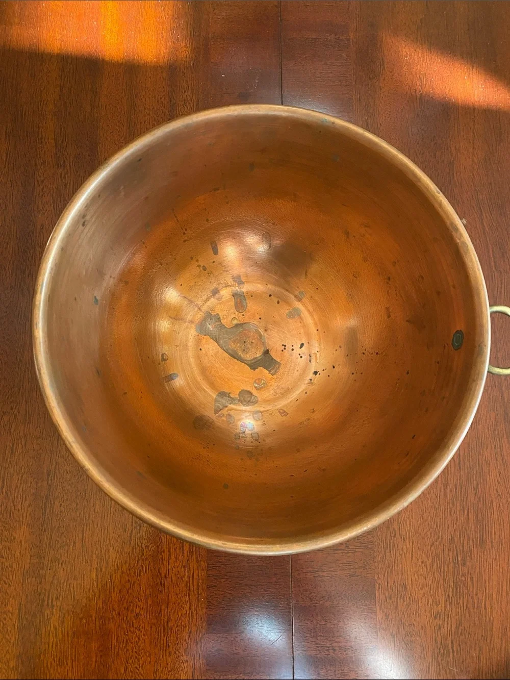 Vintage Copper 10” Mixing Bowl Rolled Edge Brass Hanging Ring